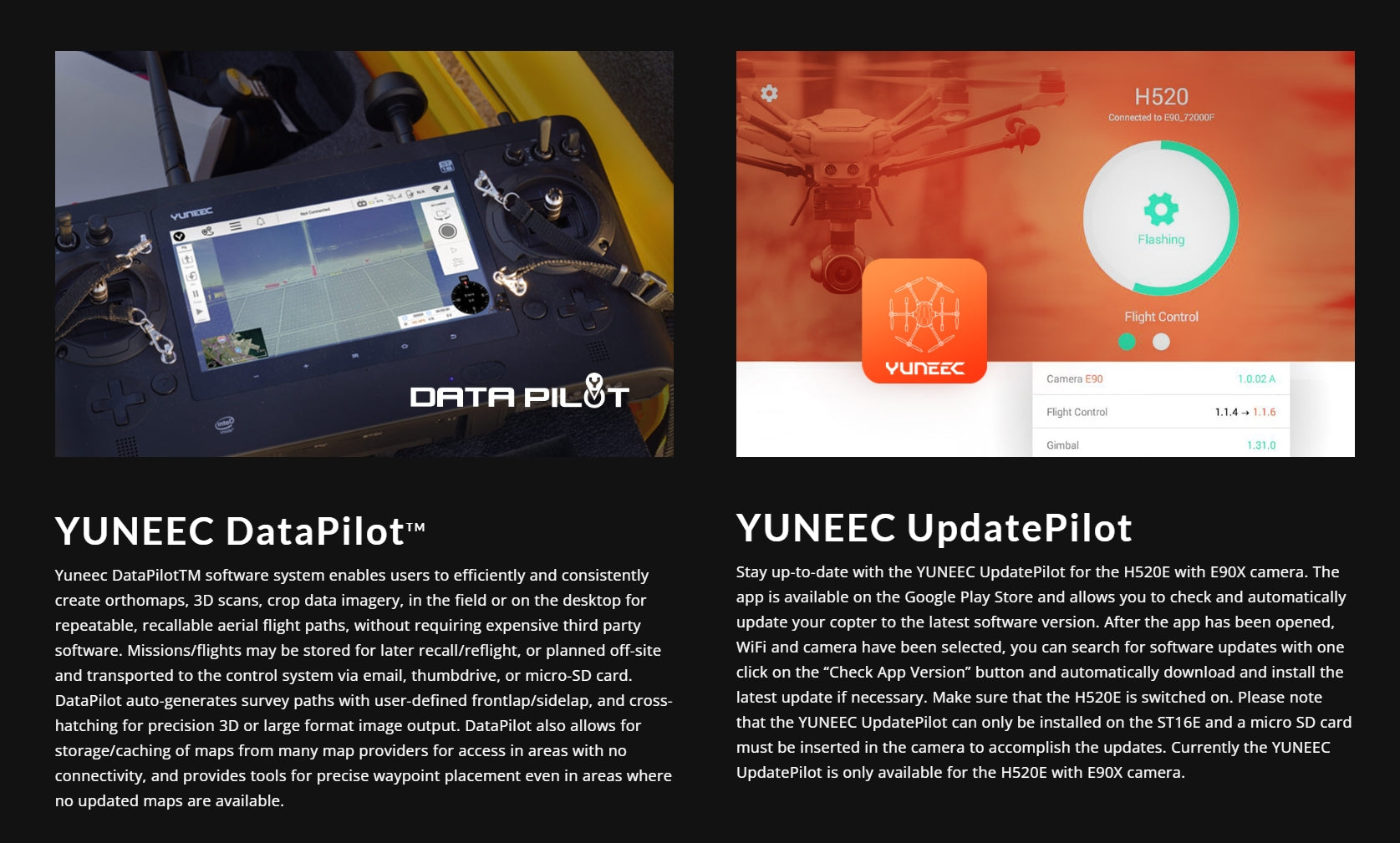 Yuneec H520E Commercial Hexacopter, The Yuneec DataPilot software enables efficient updates and consistent performance, with features like auto-generated survey paths and mission storage.