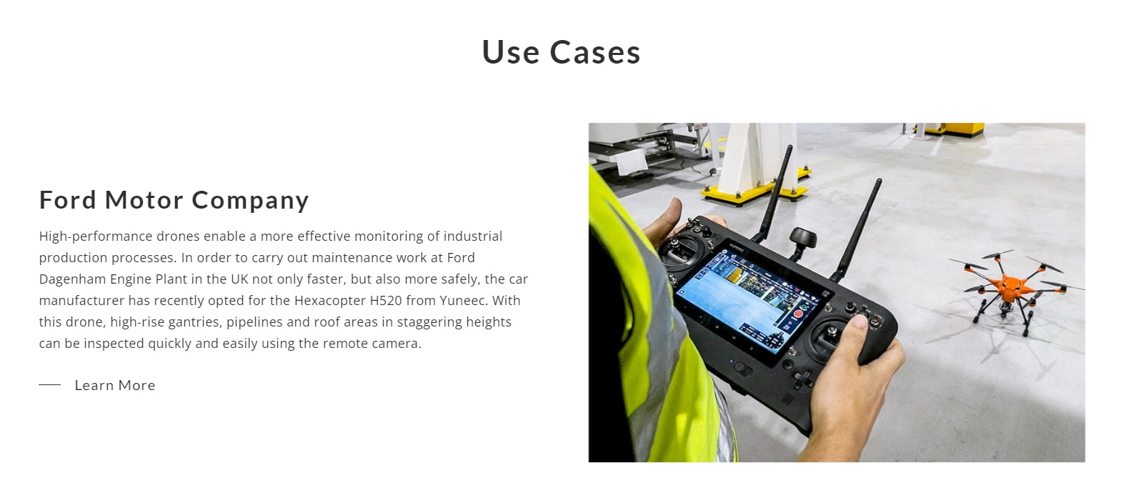 The Yuneec H520E RTK Commercial Hexacopter helps monitor industrial production processes, with Ford using it for faster and safer maintenance.