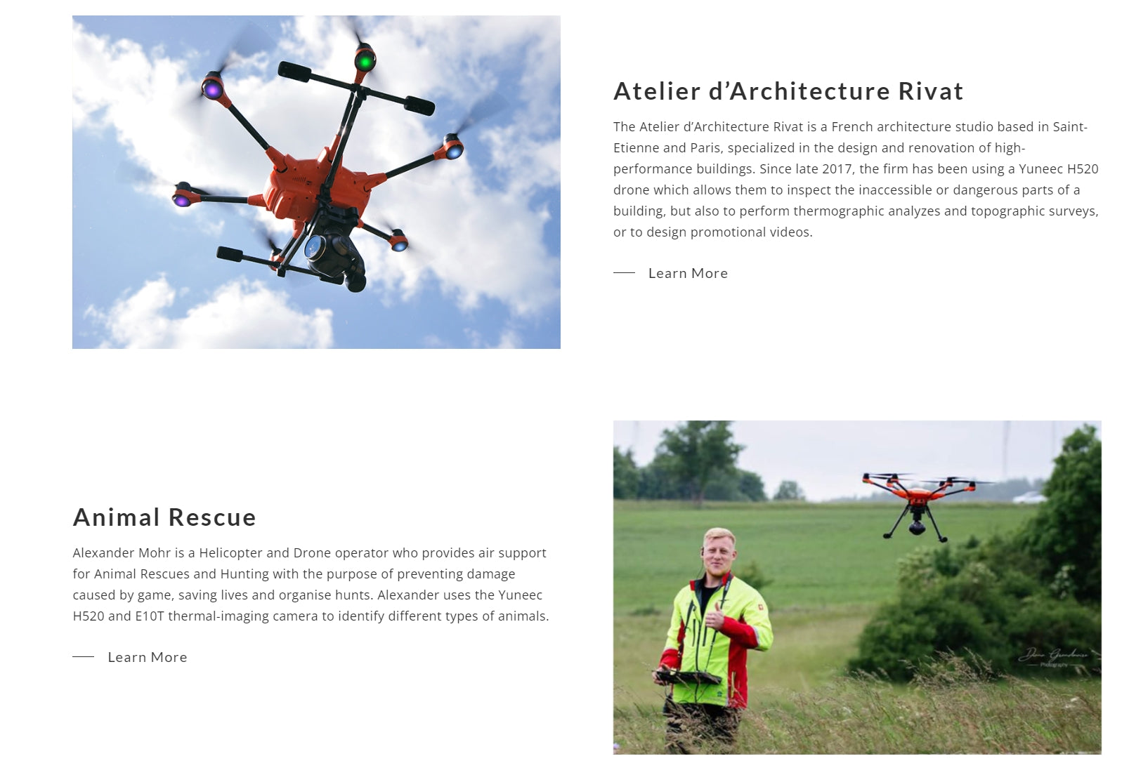 The Yuneec H520E RTK Commercial Hexacopter is used for various applications such as building inspections, animal rescues, and hunting.