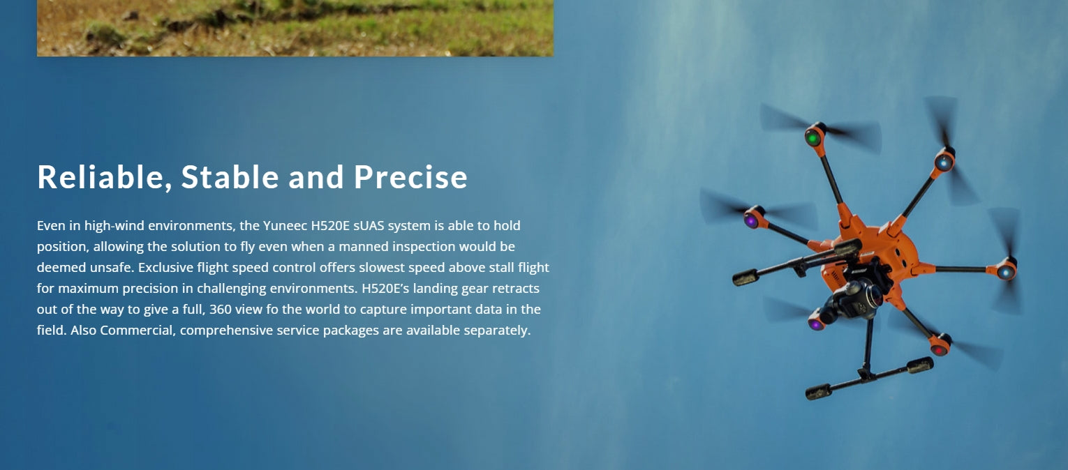 The Yuneec H520E RTK commercial hexacopter provides reliable, stable, and precise flight even in high-wind environments.