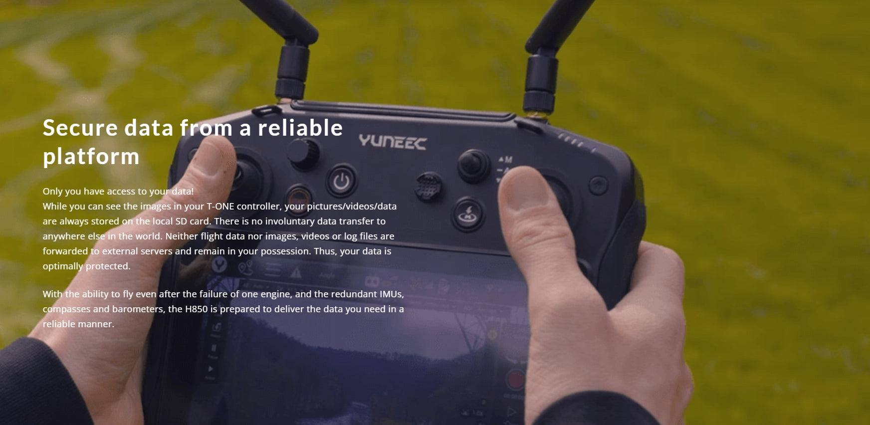 The Yuneec H850 RTK Commercial Hexacopter securely stores flight data, images, and videos on local SD cards.