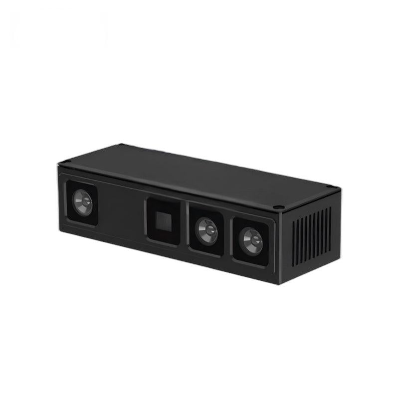 Angled front view of depth camera module with dual lenses and center sensor window, vented side panel