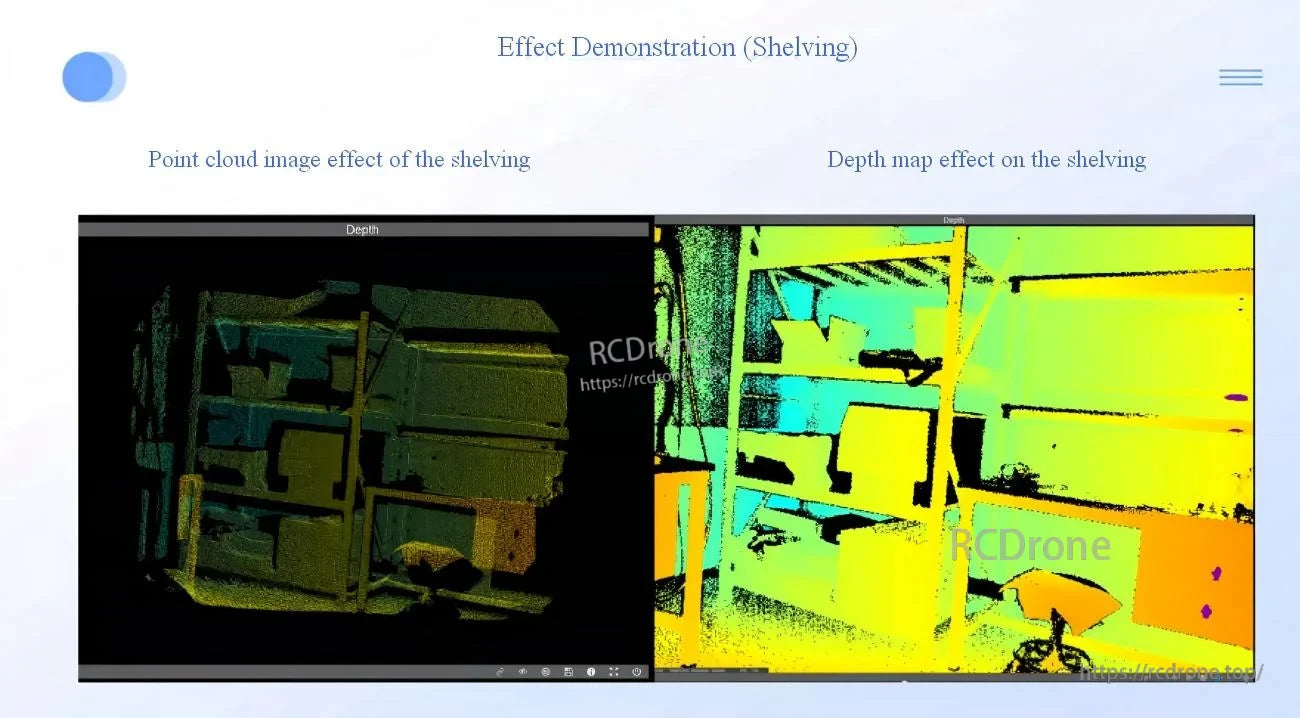 Shelving scene example showing CS20 point cloud view alongside a color depth map output