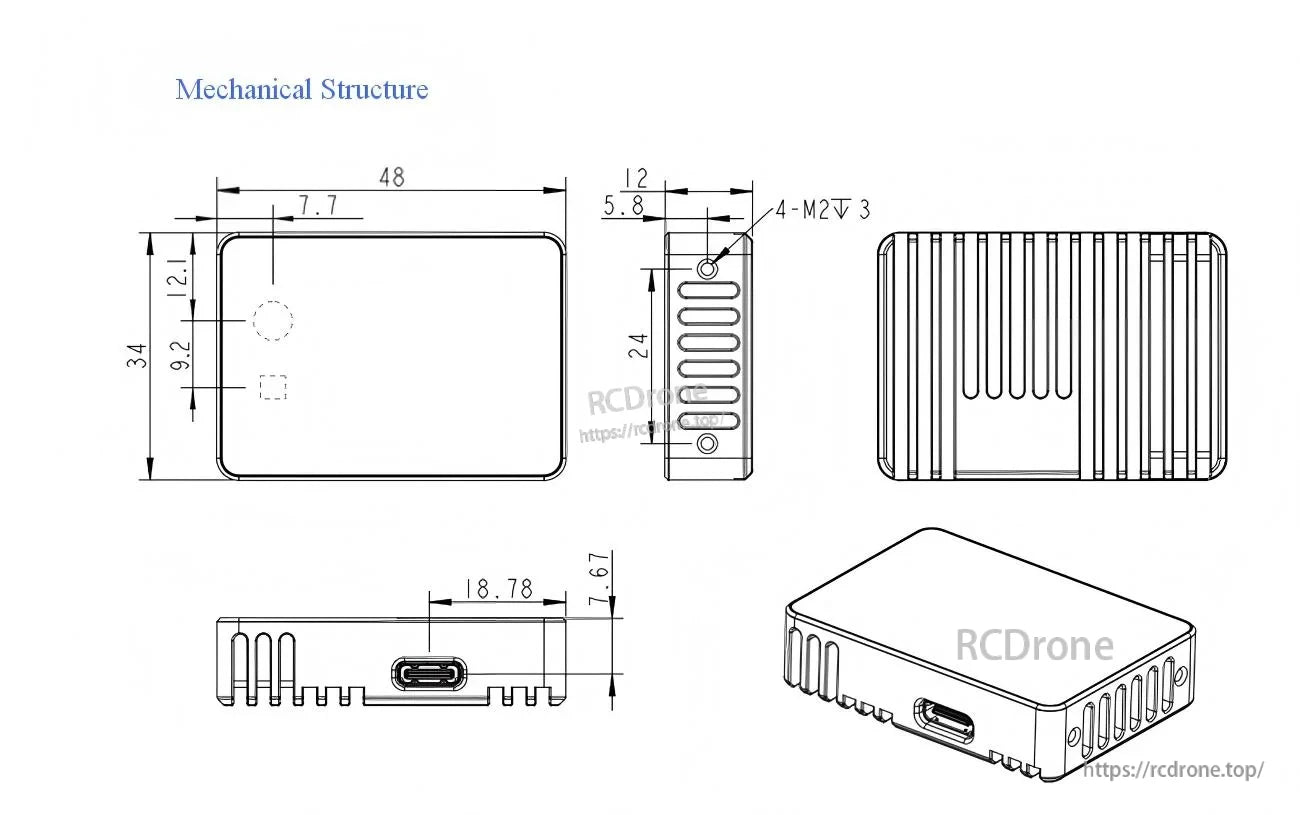 Mechanical structure drawing for Yunshis CS20 LiDAR sensor, dimensions 48×34×12 mm with USB‑C and M2 threads