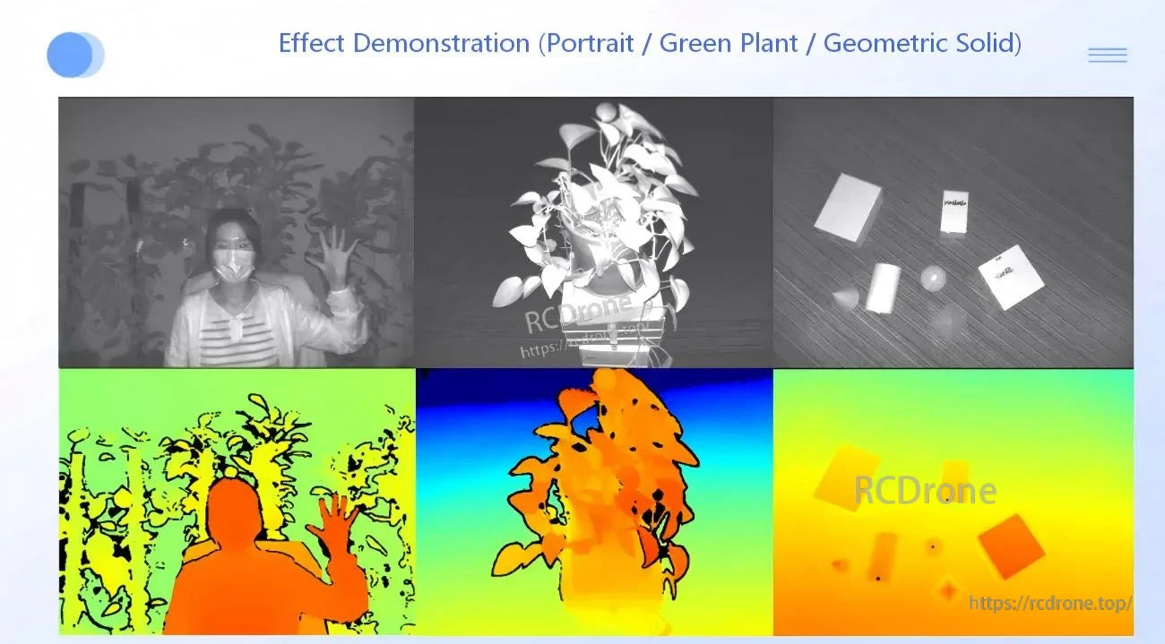 Depth/IR effect samples: portrait, plant, and geometric objects with corresponding color depth maps