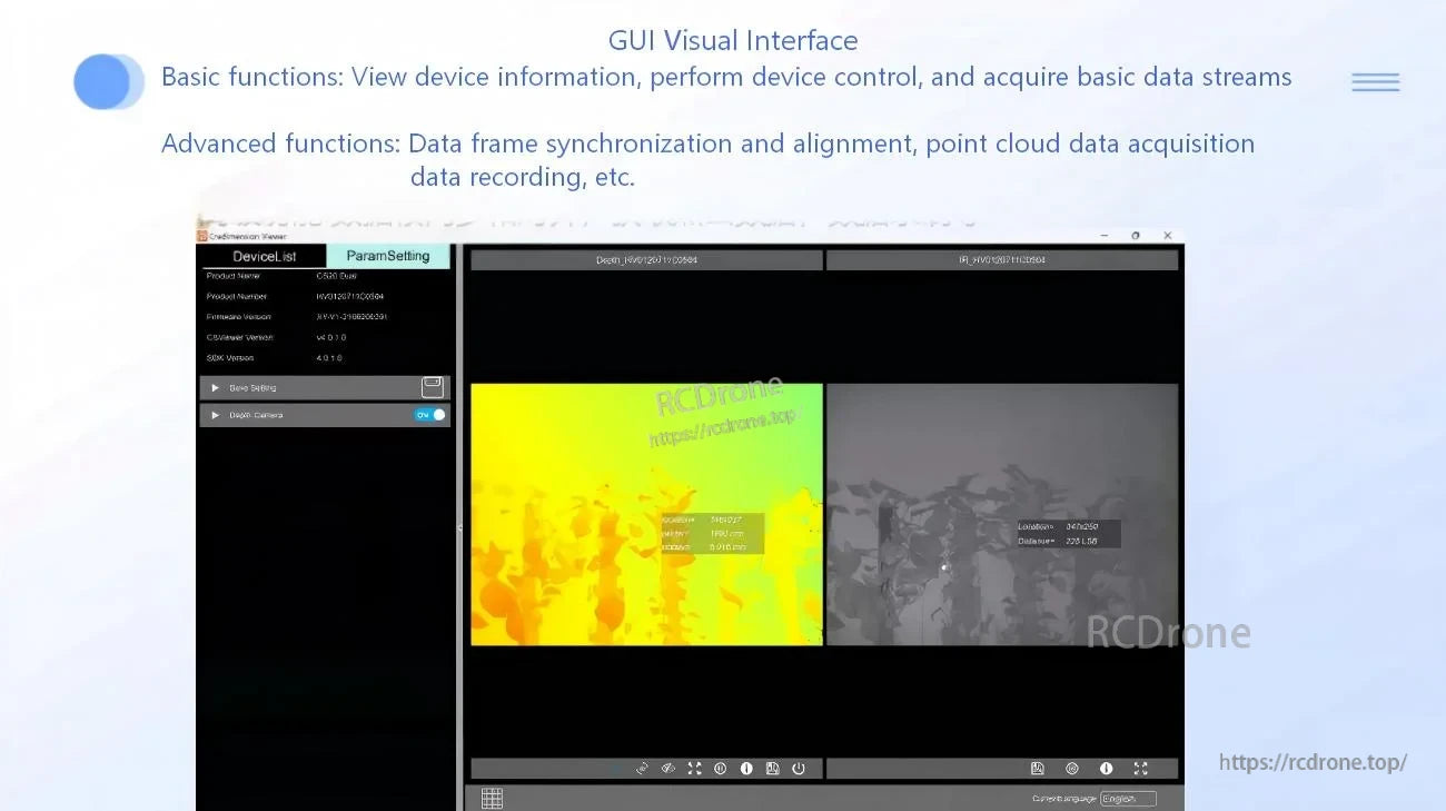 PC visual demo software interface for CS20: device info, control, synchronized frames, point cloud and recording