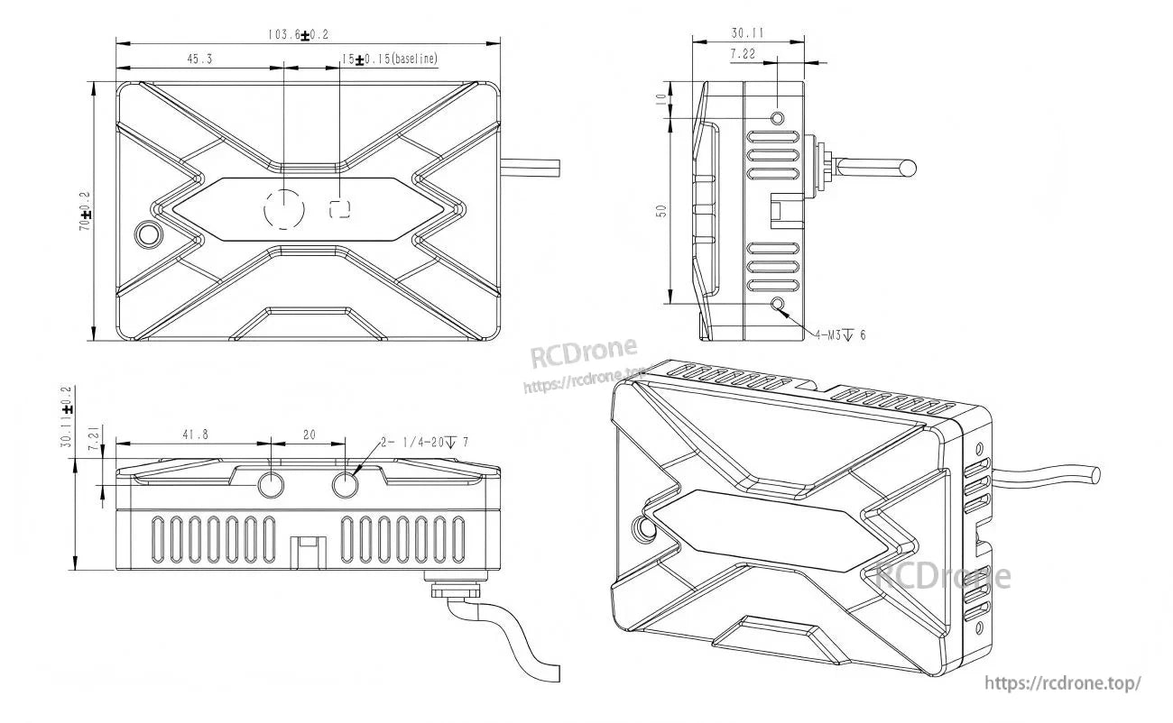 Yunshis CS20-P LiDAR depth sensor mechanical drawing with dimensions and mounting threads (M3 and 1/4-20)