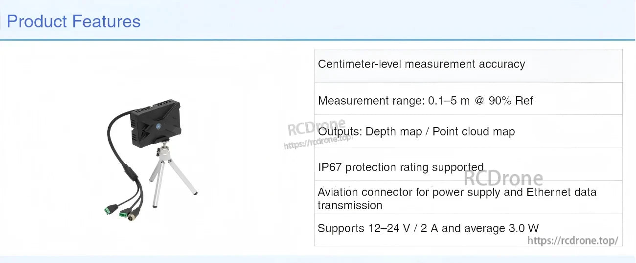 CS20-P LiDAR mounted on tripod with aviation power/Ethernet connector and key feature list (IP67 supported, TCP/IP)