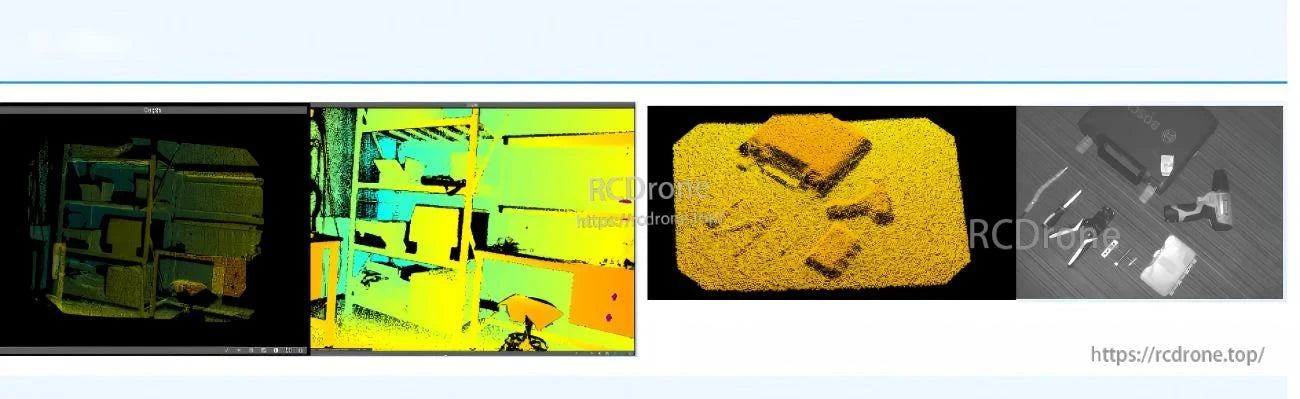 Depth map and point cloud output examples from indoor scenes with colorized distance visualization