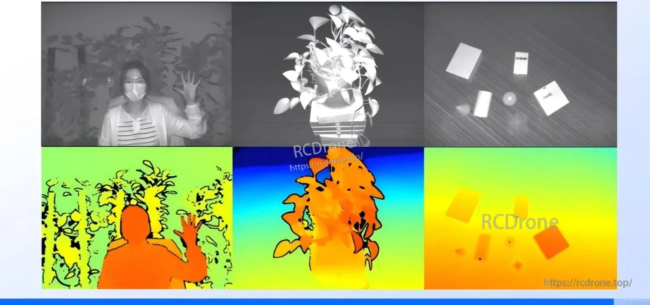 Infrared and depth segmentation examples detecting a person and small objects, with color depth gradients for distance
