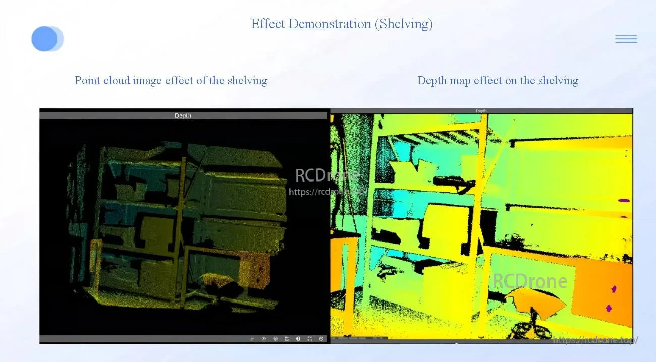 Shelving demo comparing CS30 point cloud view and depth map output for indoor scene measurement