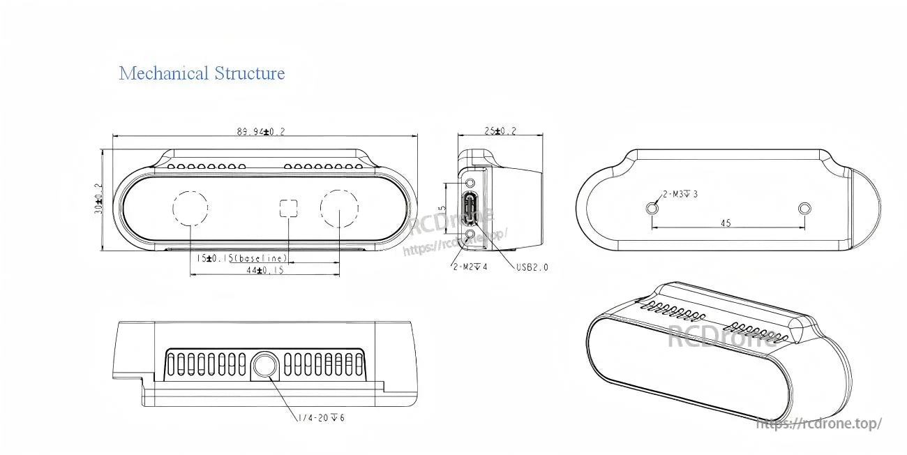 CS30 RGBD camera mechanical structure drawing with overall dimensions, mounting holes, and USB-C port location