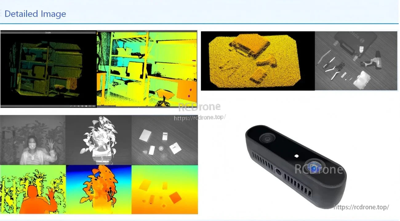 RGB-D outputs sample gallery (depth map, point cloud, segmentation-style views) with CS30 camera housing view