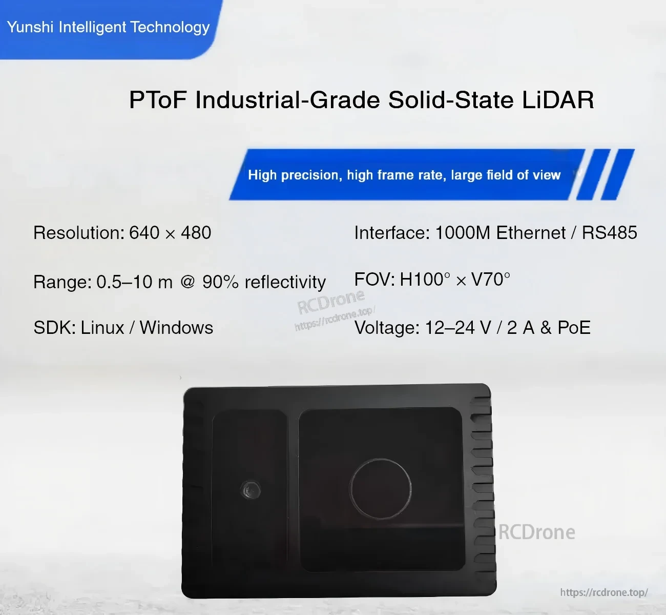 Yunshis CS40 Pro LiDAR Sensor overview with key specs: 0.5–10 m range, 640×480 depth, Ethernet/RS485