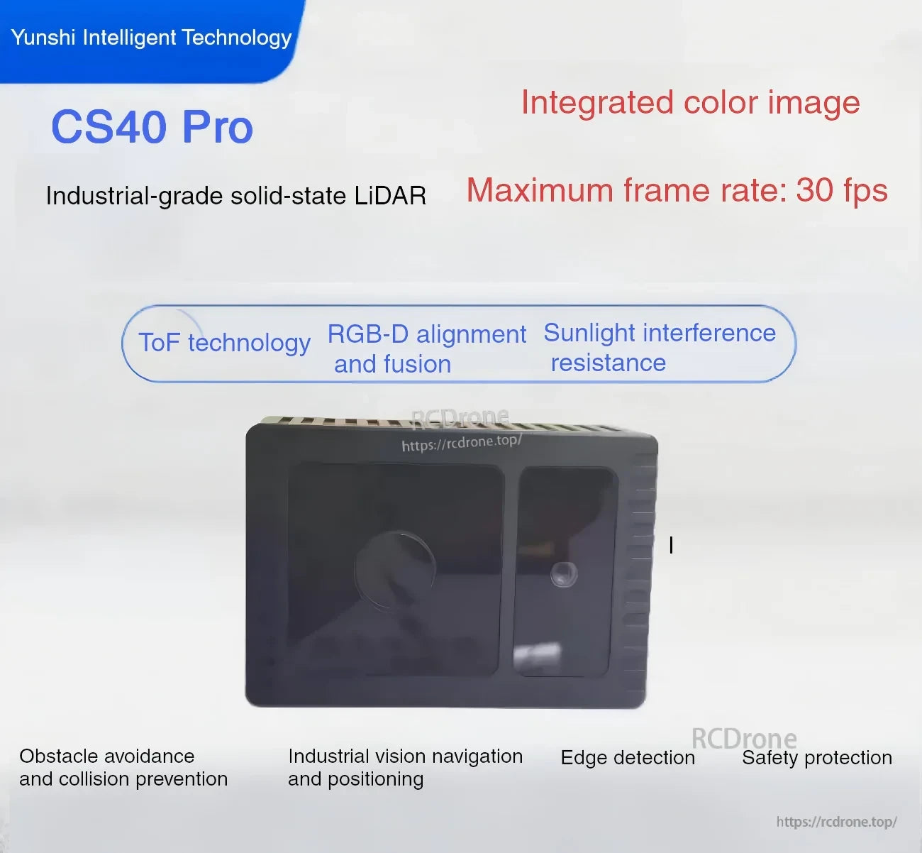 CS40 Pro industrial solid-state LiDAR with integrated RGB-D alignment, 30 fps output, and sunlight interference resistance