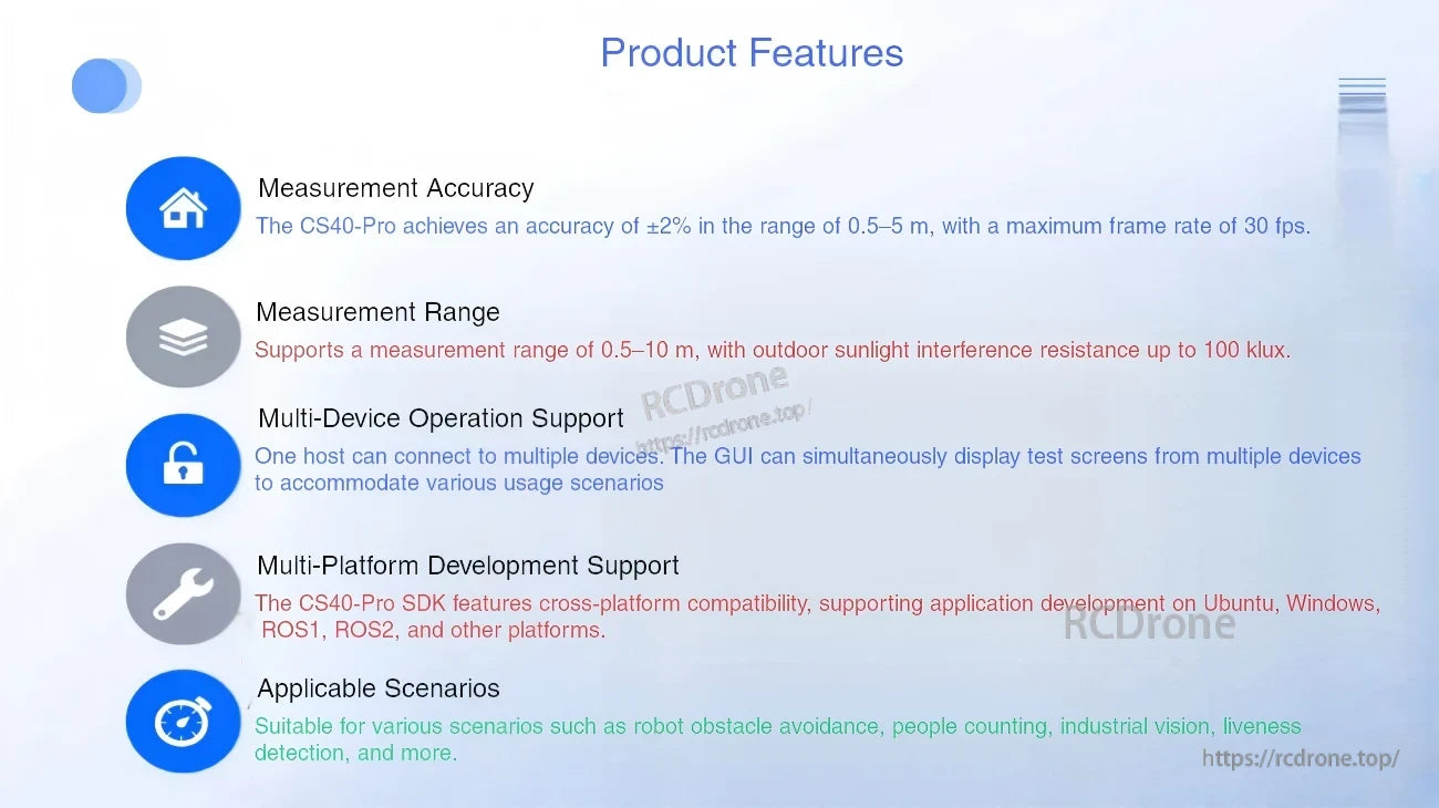 CS40 Pro product features screen listing accuracy, 0.5–10 m measurement range, multi-device support, and SDK compatibility