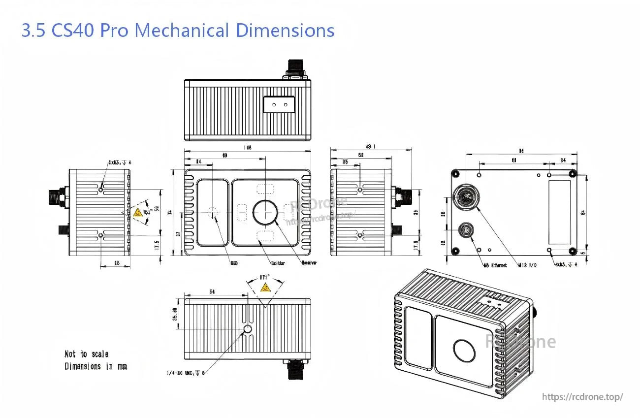 CS40 Pro mechanical dimensions drawing with multiple views and mounting measurements for enclosure integration