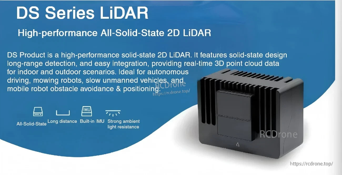 DS Series solid-state 2D LiDAR banner highlighting long distance, built-in IMU, and strong ambient light resistance