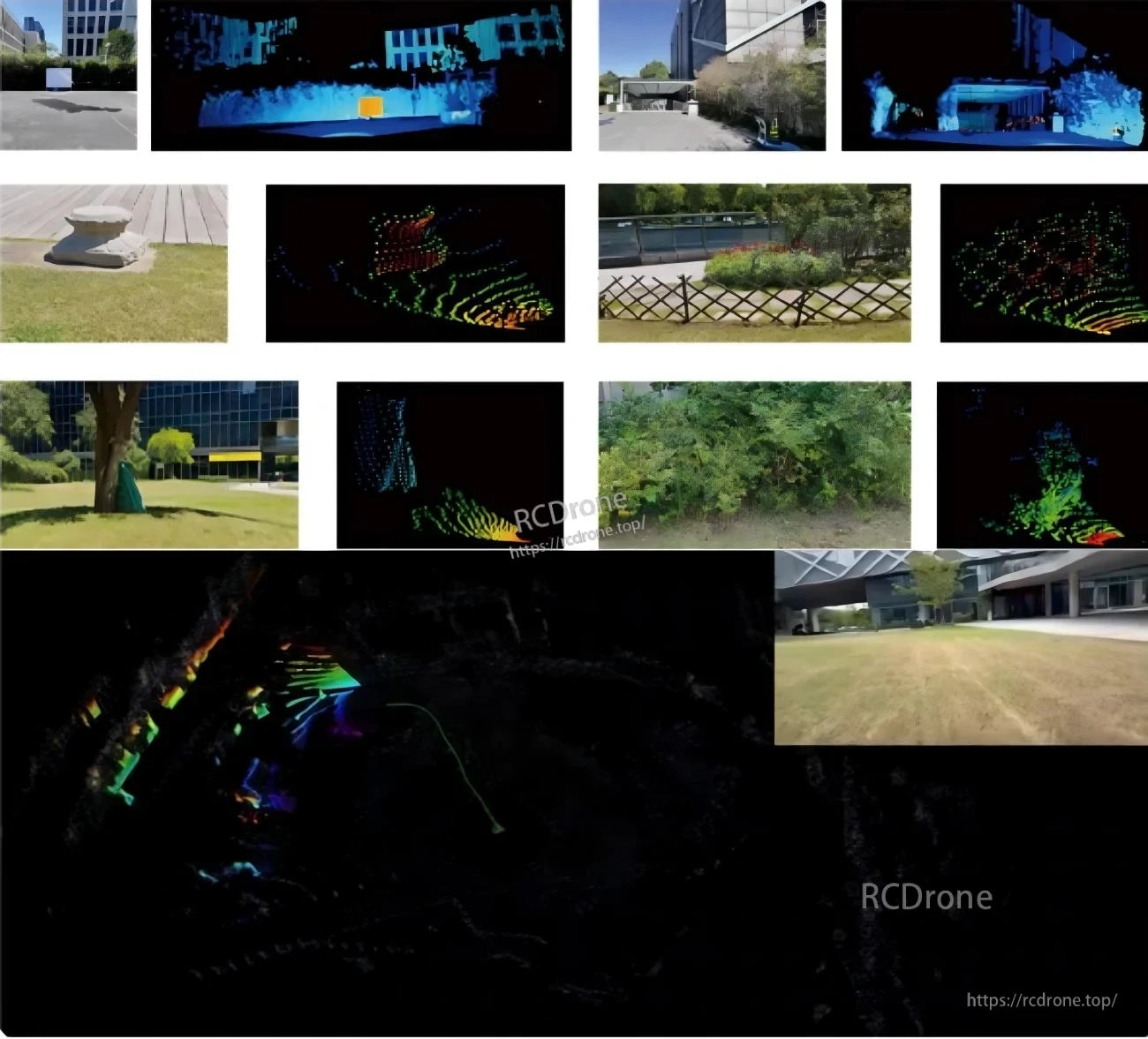 Point cloud sample gallery from indoor/outdoor scenes demonstrating LiDAR depth capture in buildings, paths, and vegetation