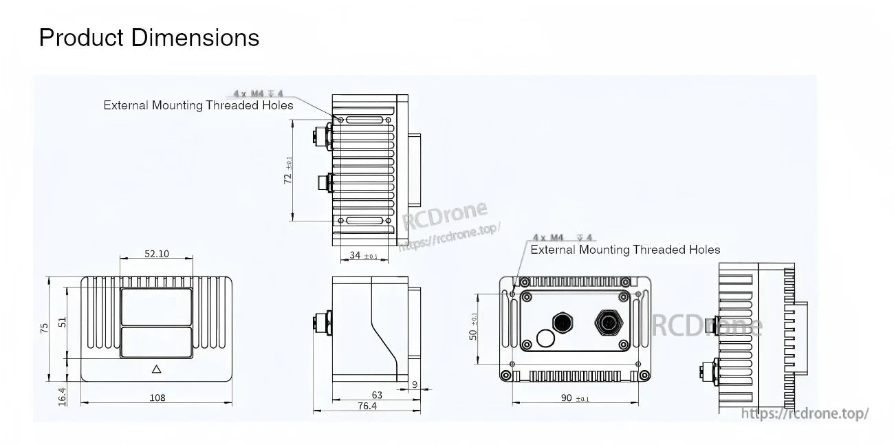 Yunshis D445 LiDAR product dimension drawing with mounting hole layout and overall size 108 × 76.4 × 75 mm