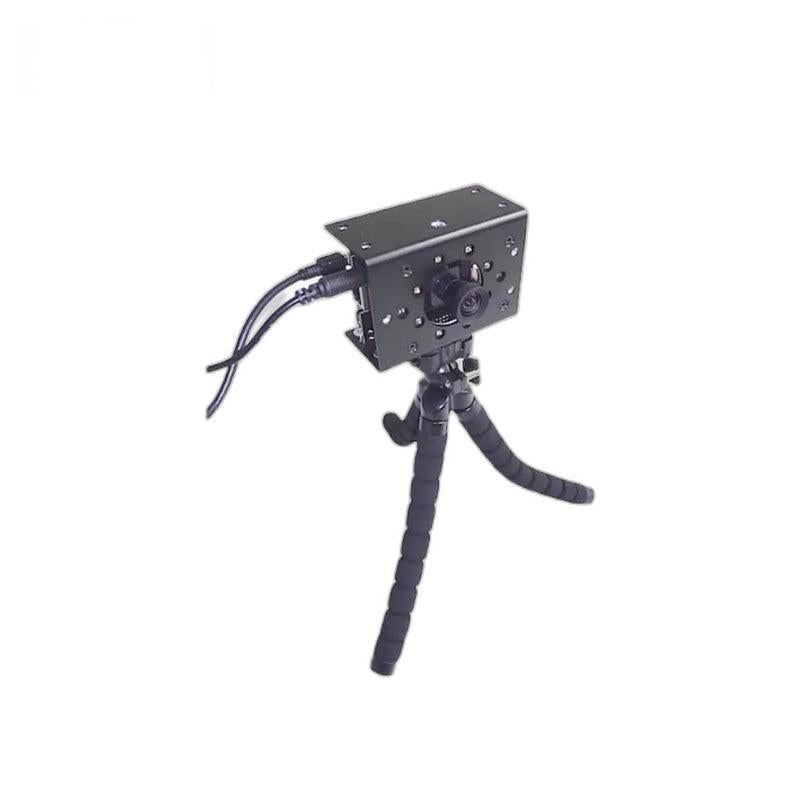 Yunshis DME635 3D-TOF depth camera mounted on flexible tripod with connected cables, angled view
