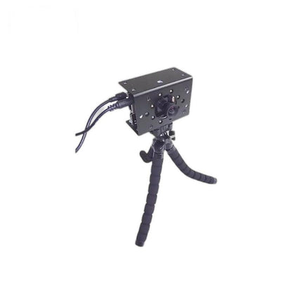 Yunshis DME635 3D-TOF depth camera mounted on flexible tripod with connected cables, angled view