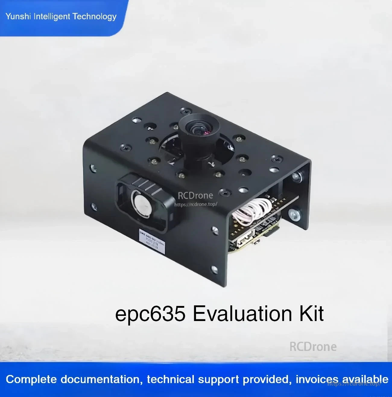 Yunshis DME635 3D-TOF depth camera evaluation kit module with lens, metal housing, and onboard electronics