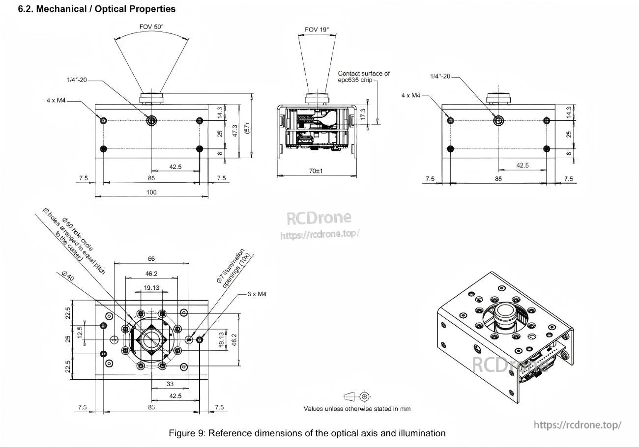 Mechanical and optical reference dimensions for the DME635 camera, including field-of-view angles and mounting hole spacing