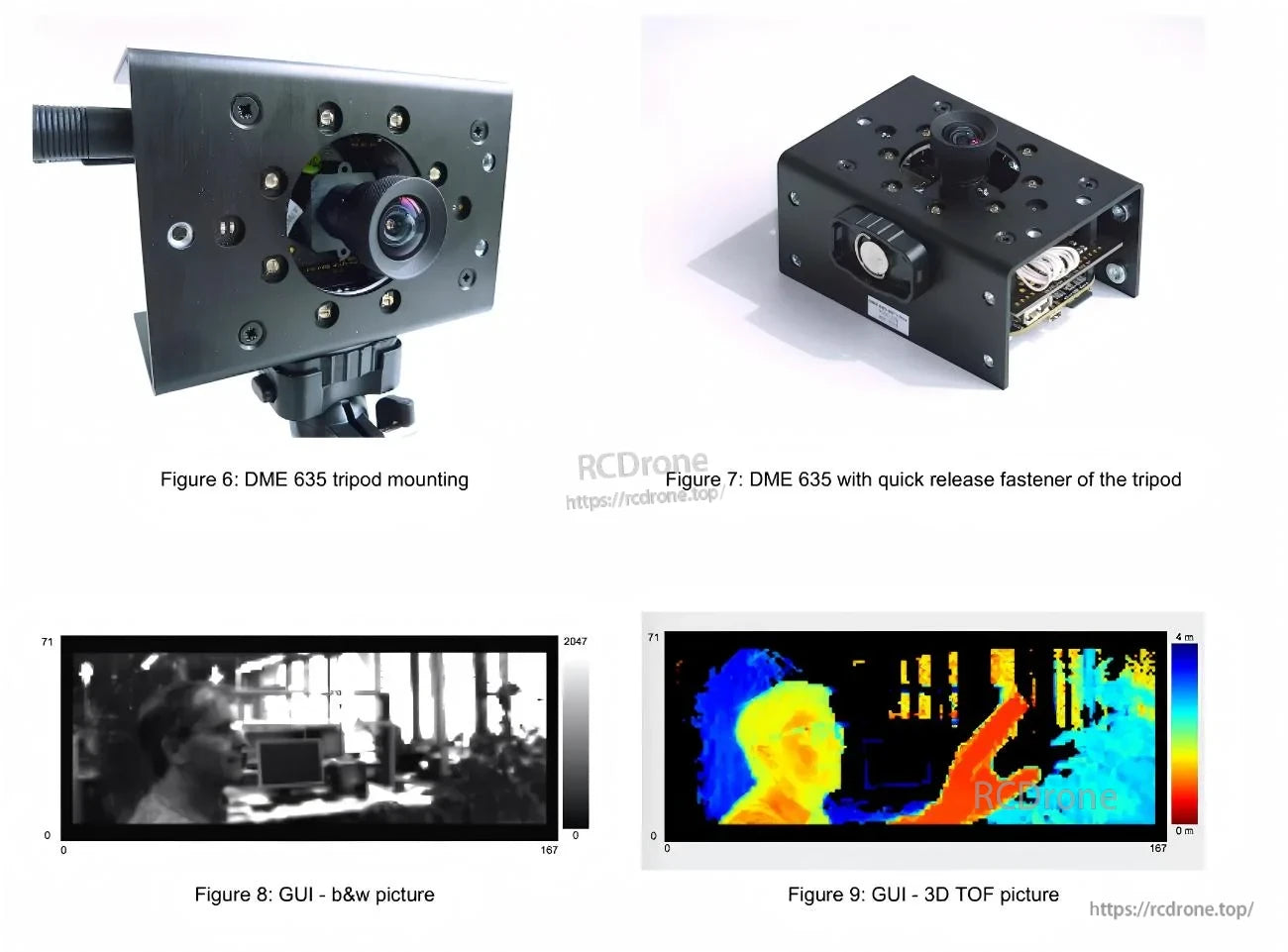Yunshis DME635 3D-TOF depth camera mounted on a tripod plus GUI examples for grayscale and 3D-TOF depth display