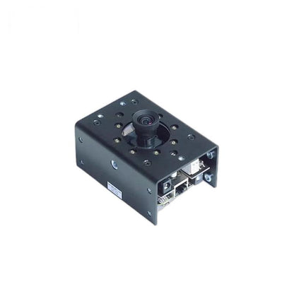 Compact camera module with top lens and side I/O ports, black metal housing