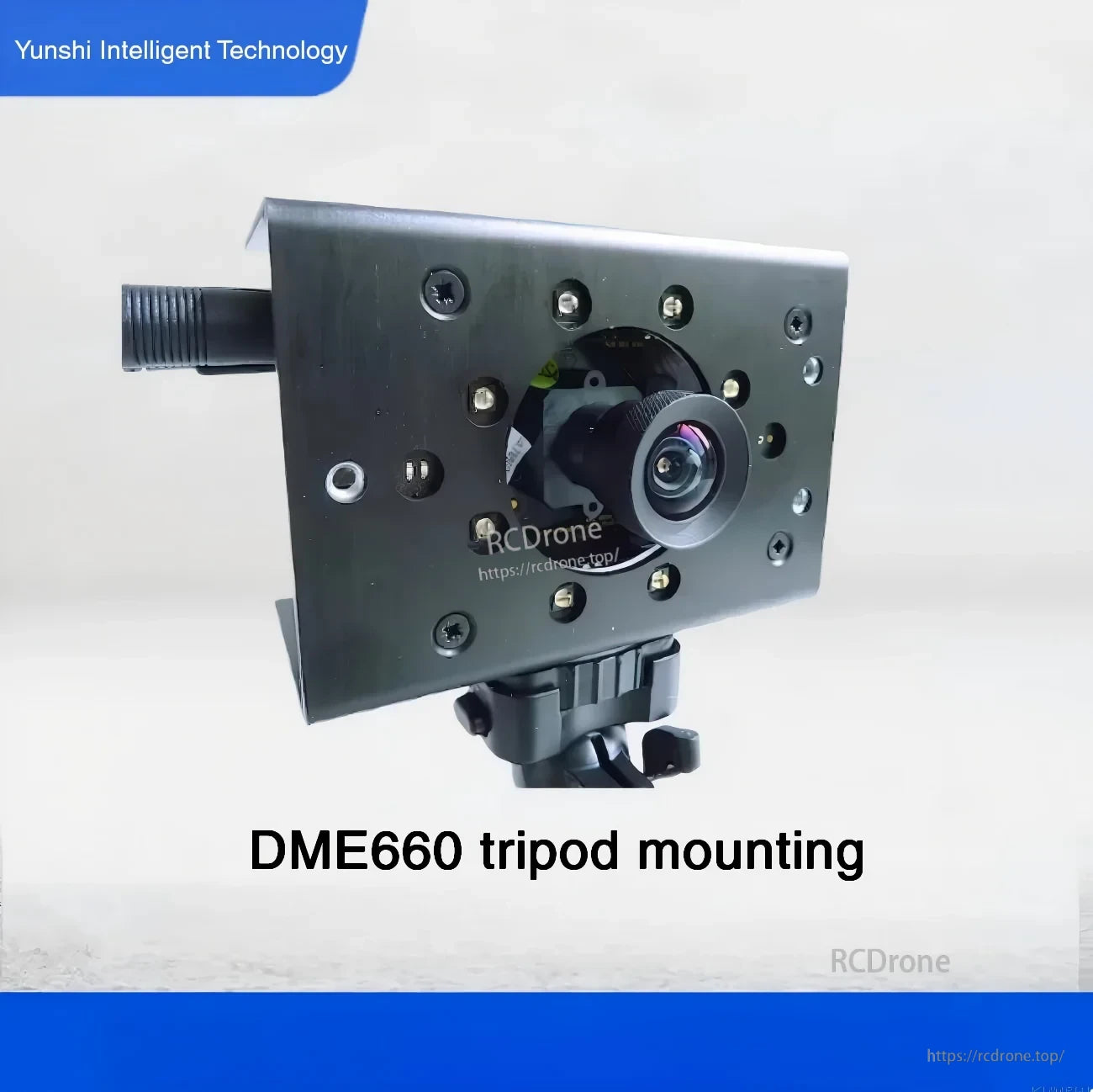 Yunshis DME660 Camera mounted on a tripod, front view with lens and faceplate mounting holes
