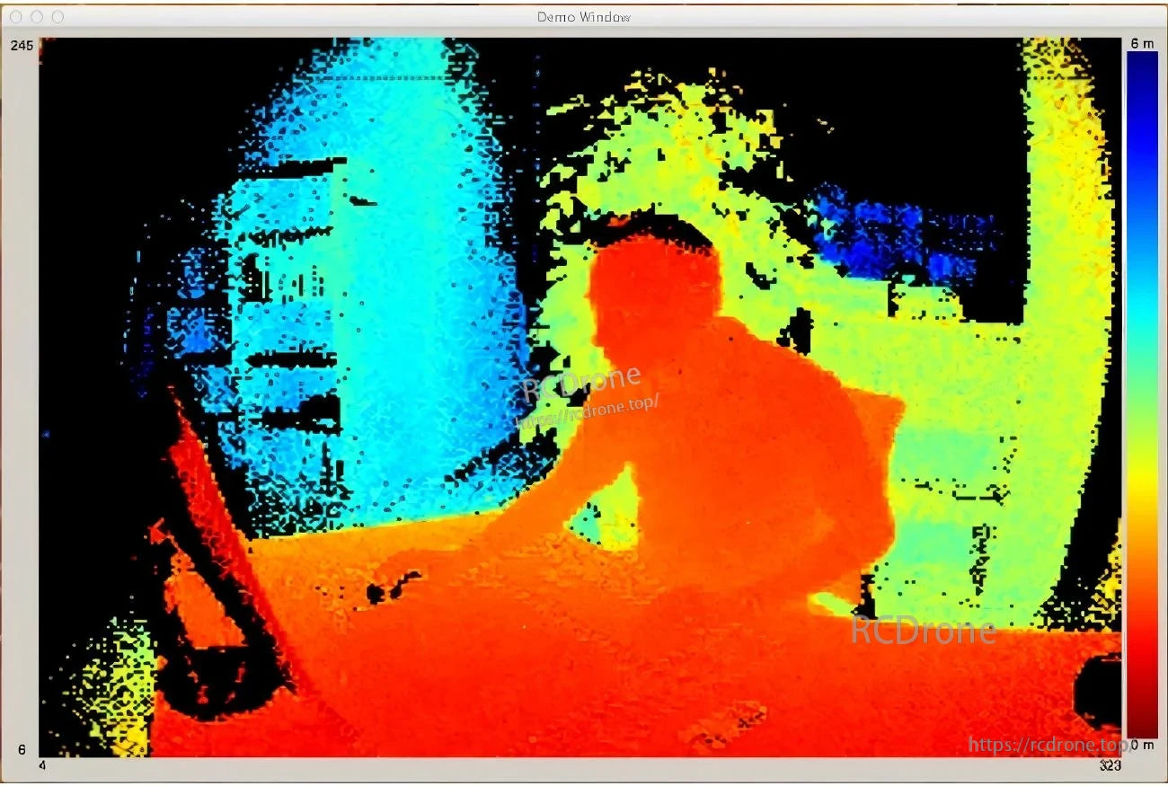 3D-TOF depth visualization screenshot showing a seated person with a color distance scale in the demo window