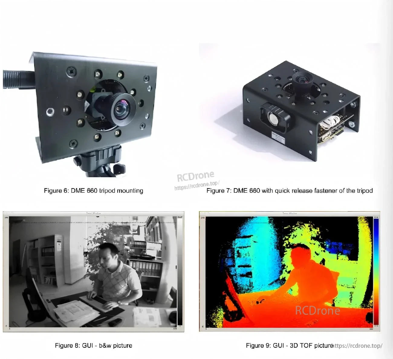 Overview collage of DME660 hardware mounting options and example GUI views for grayscale and 3D-TOF output