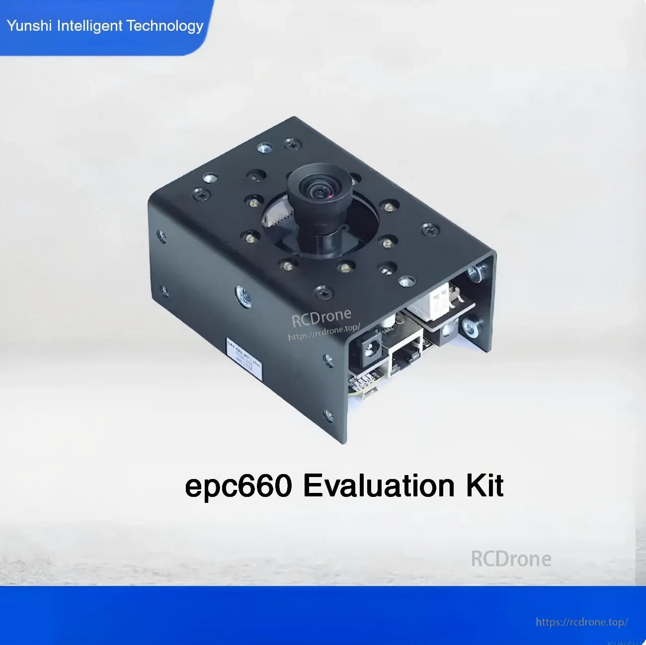 Yunshis DME660 camera module in evaluation-kit enclosure with lens on top and USB/Ethernet ports