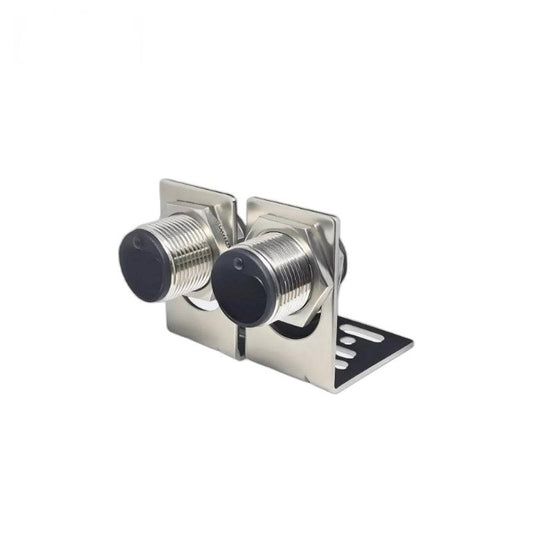 Yunshis MVI2 LiDAR ToF laser ranging sensor pair in metal mounting bracket, front view