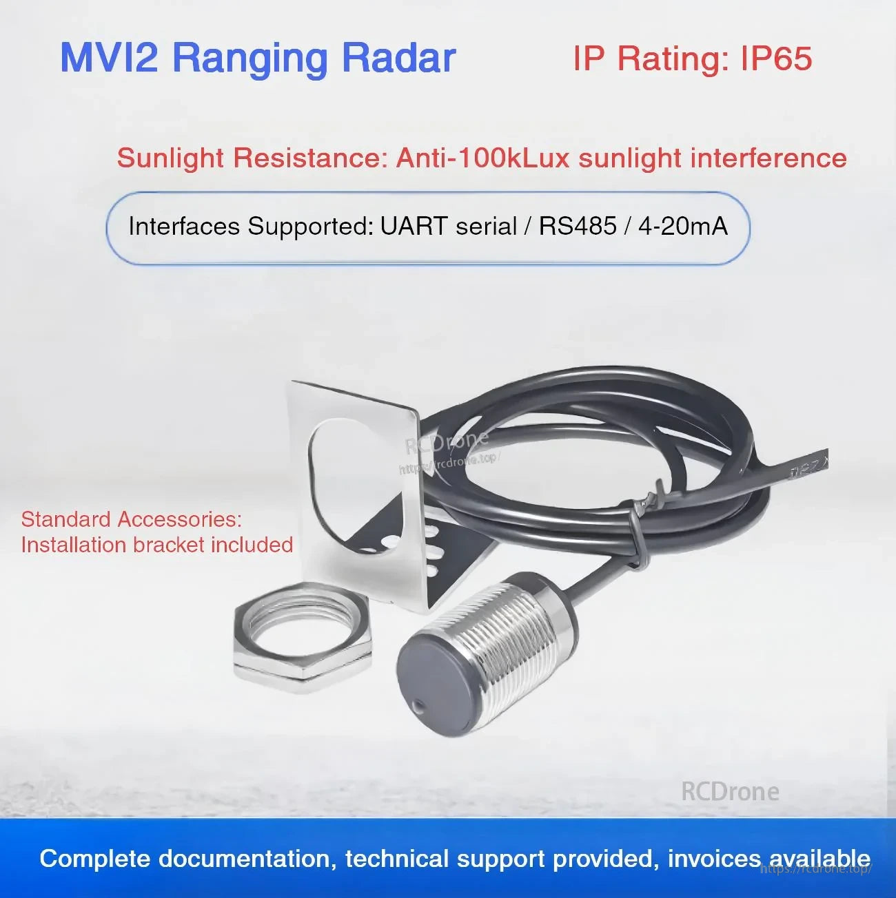 Yunshis MVI2 LiDAR ToF laser ranging sensor kit with mounting bracket, nut, and cable; IP65 and multi‑interface support