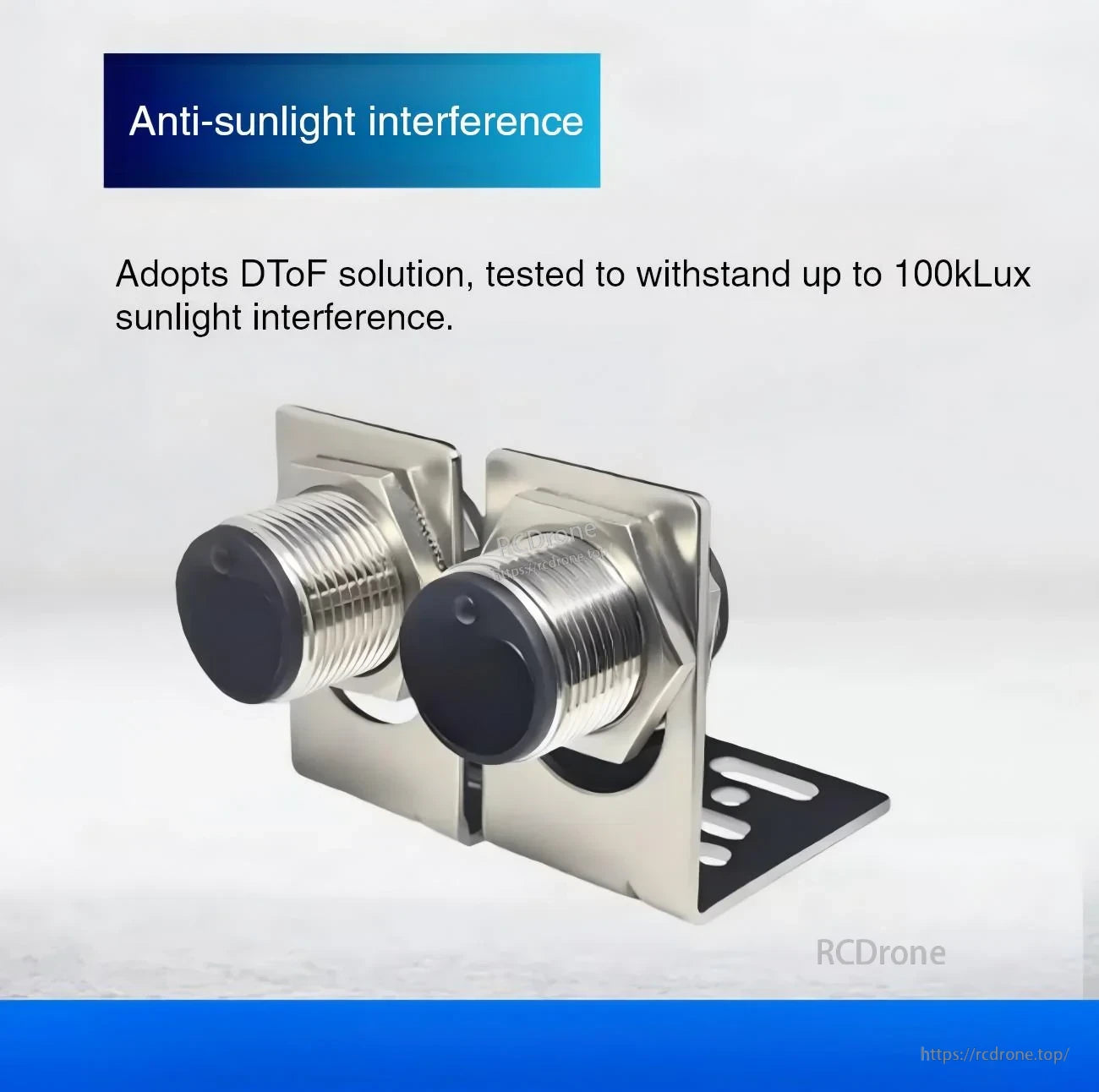 Pair of cylindrical ToF laser ranging sensors on brackets; DToF design noted for strong anti-sunlight interference up to 100kLux