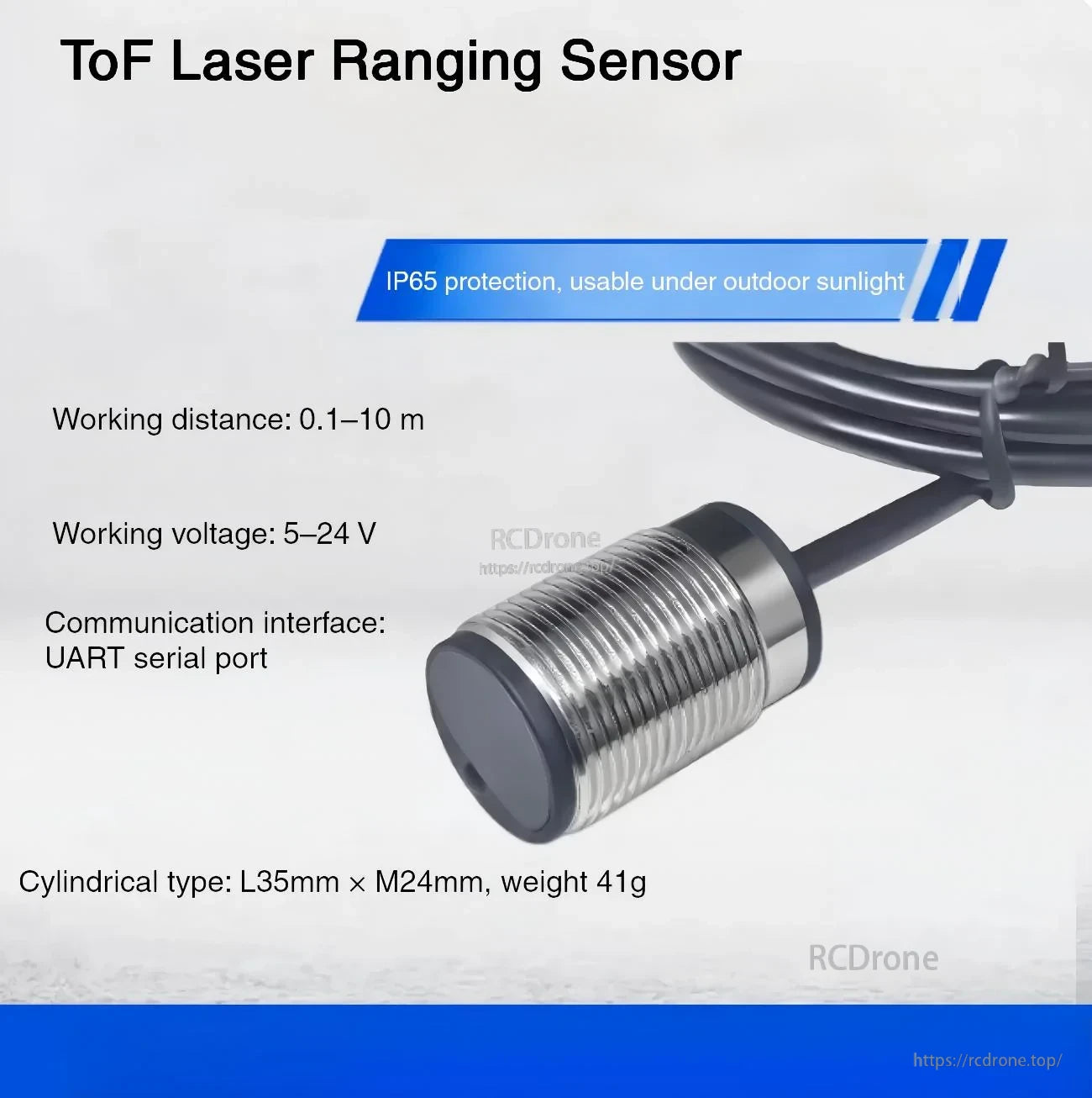 Close-up of Yunshis MVI2 ToF laser ranging sensor body and cable with key specs: 0.1–10 m range and 5–24 V input