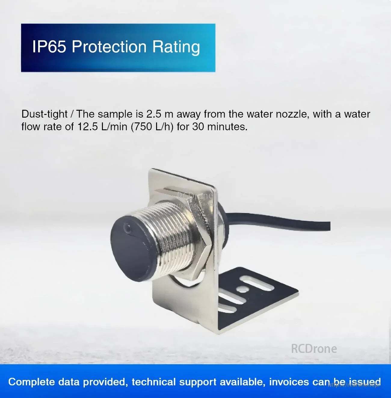 MVI2 cylindrical LiDAR sensor mounted on metal bracket, highlighting IP65 dust-tight and water-jet protection design