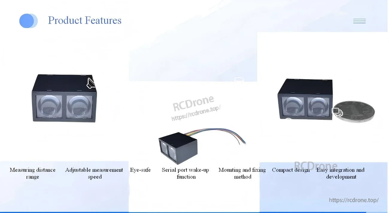 Yunshis MVR2EA ToF ranging module front view with dual optics, highlighting compact design and key features