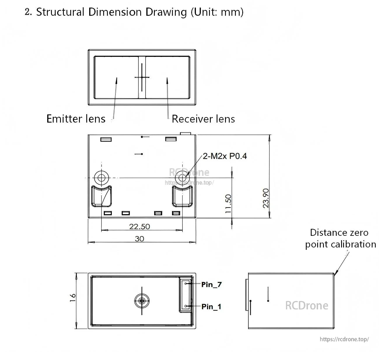 MVR2EA structural dimension drawing in mm with emitter/receiver lenses, mounting holes, pin orientation, zero-point mark