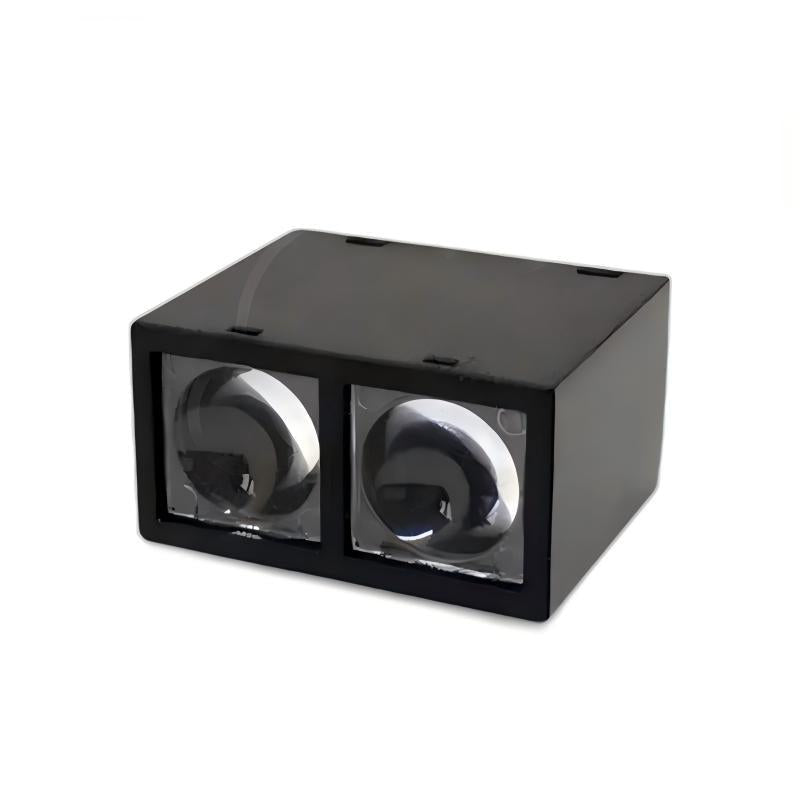 Yunshis MVR2EB laser ranging module ToF distance sensor, dual-lens front view in black housing