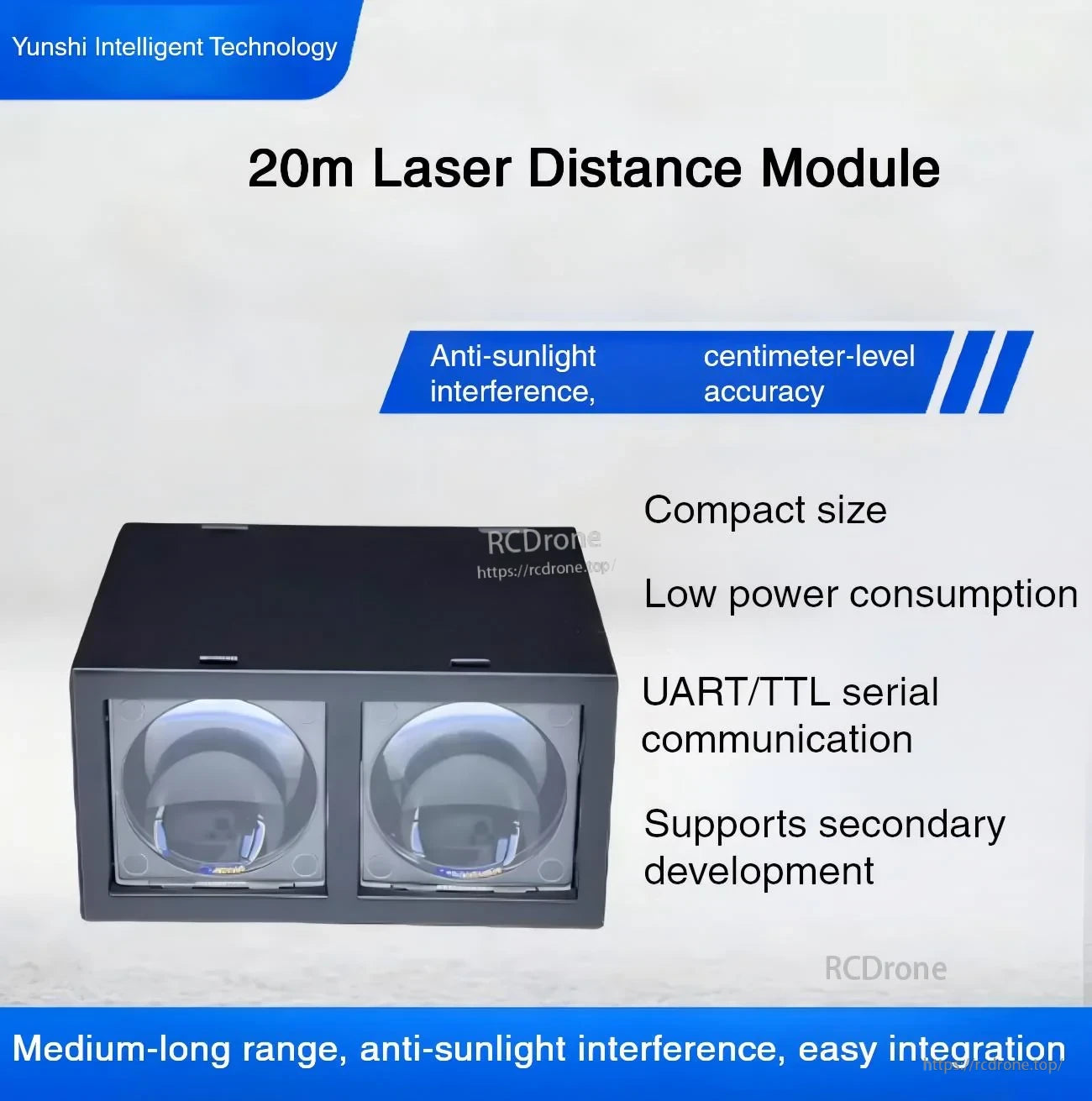 Yunshis MVR2EB ToF laser ranging module, 20 m distance sensor with anti-sunlight interference and UART/TTL