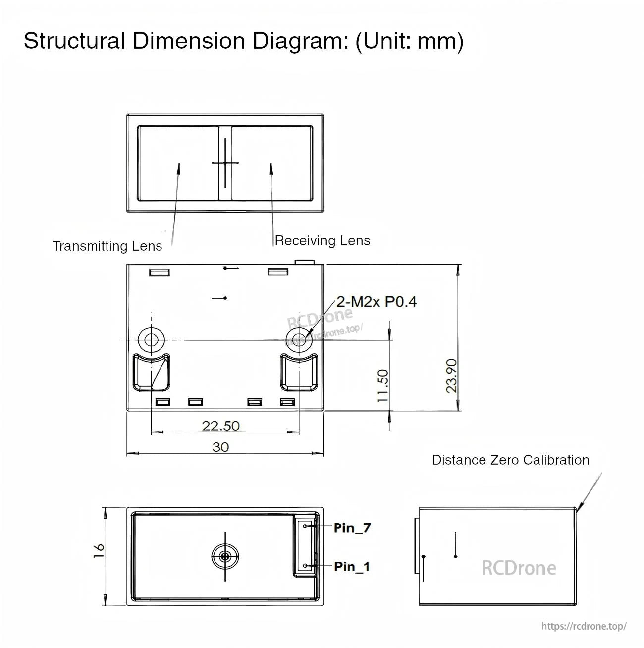 MVR2EB laser ranging module structural dimension diagram in mm with lens positions, pin marks, and M2 mounting points
