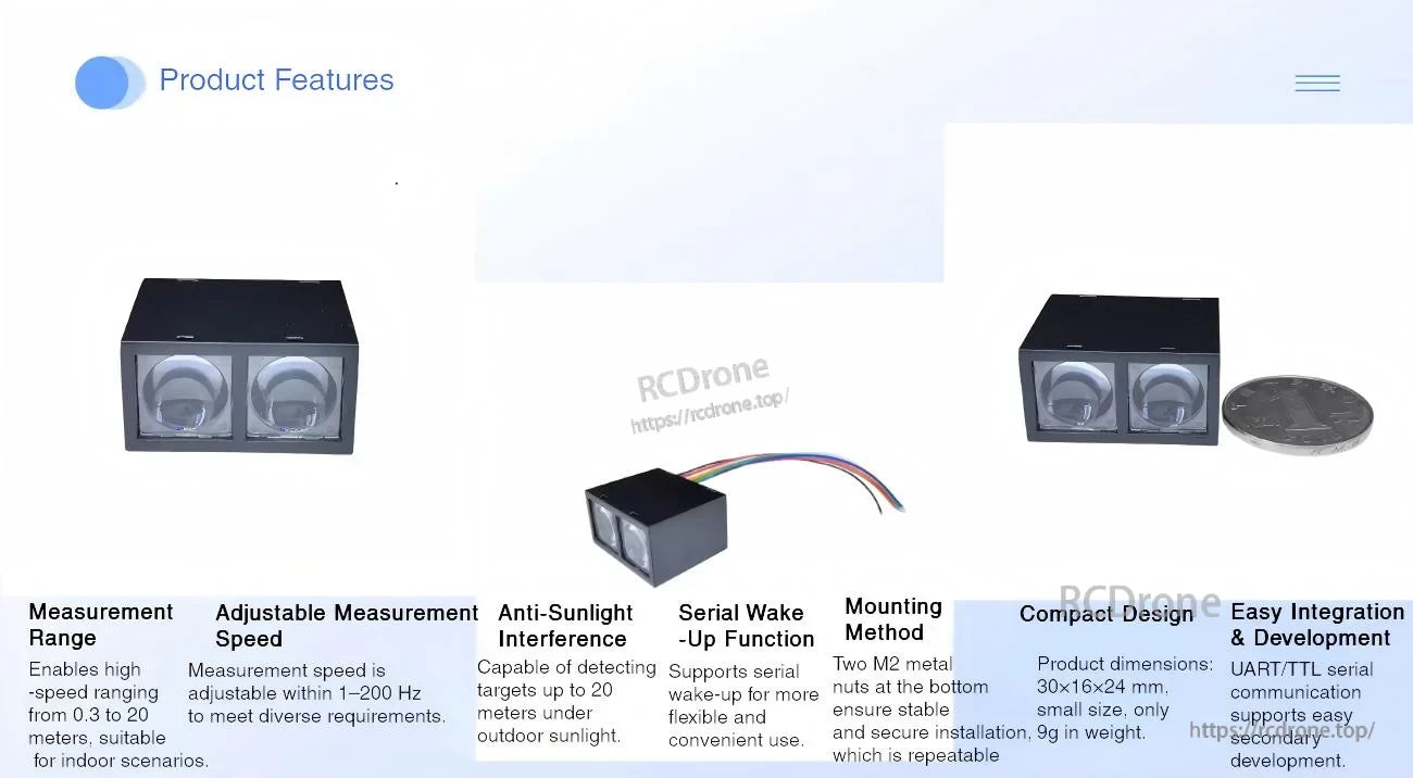 Feature overview for the MVR2EB laser distance module, highlighting adjustable measurement frequency, compact size, and mounting