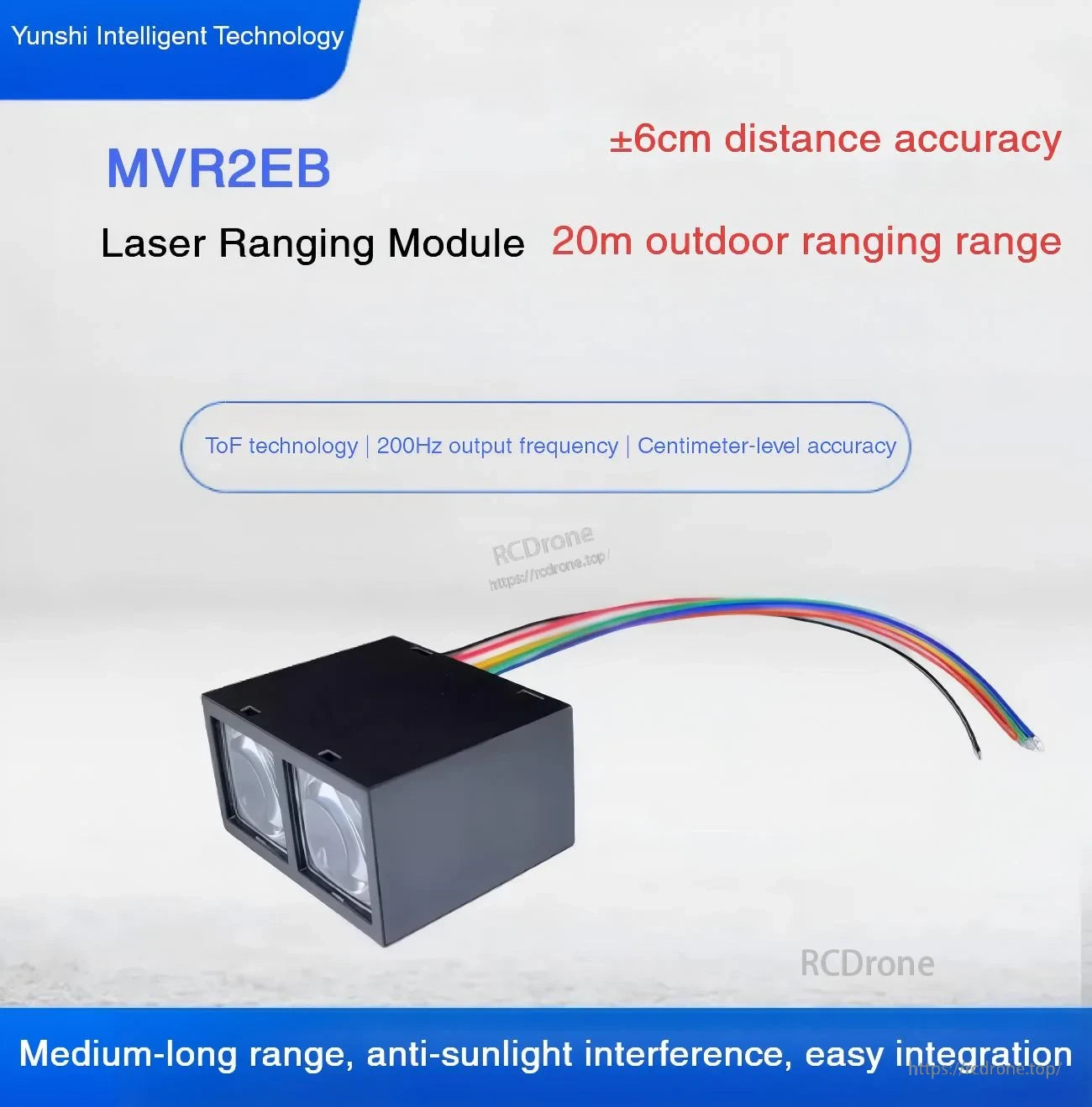 Angled view of Yunshis MVR2EB laser ranging module with multi-wire UART/TTL lead for controller connection