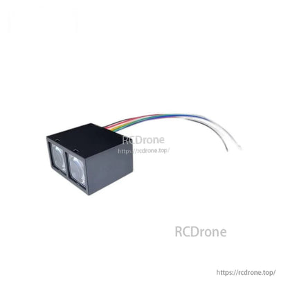 Angled side view of MVR2TB dual-window sensor module with attached multicolor wire lead harness