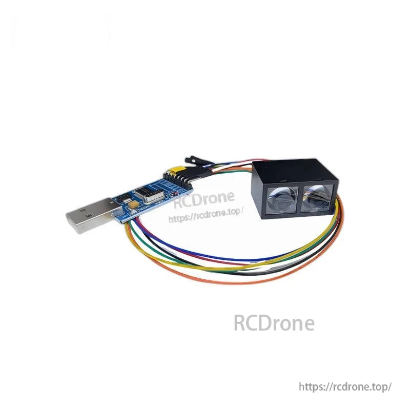 MVR2TB ranging module with UART/TTL USB adapter board and multicolor connection wires on white background