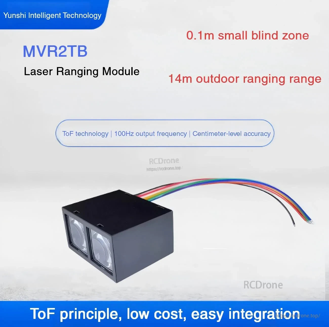 Yunshis MVR2TB ToF laser ranging module with 7‑pin cable, 0.1 m blind zone and 14 m range
