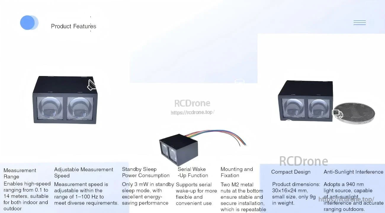 MVR2TB feature overview page with module photos and key specs such as 1–100 Hz output and low power standby